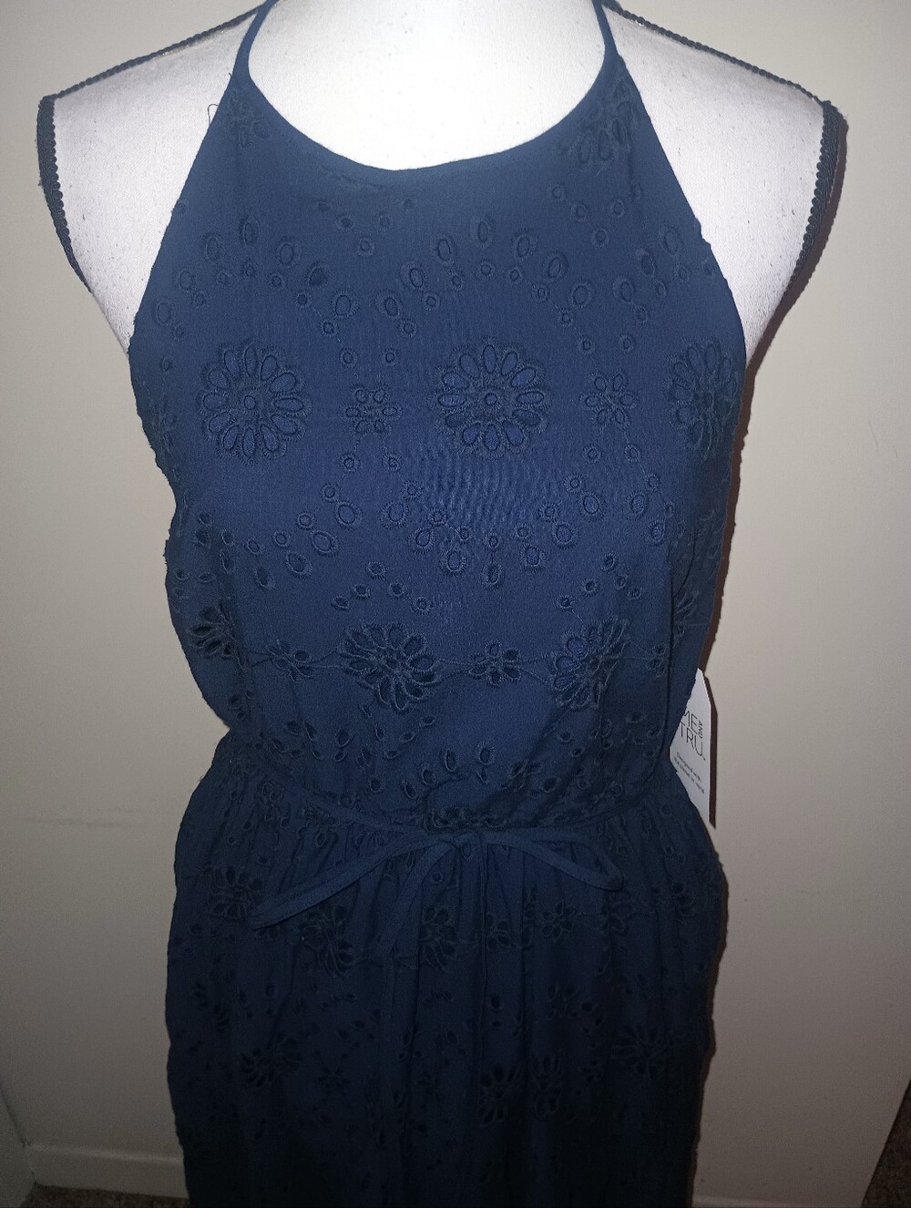 Women's Navy Eyelet Halter Prairie Sundress With Pockets and Belt SZM-10/12